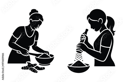 Woman preparing traditional indian food with spices and fresh ingredients vector