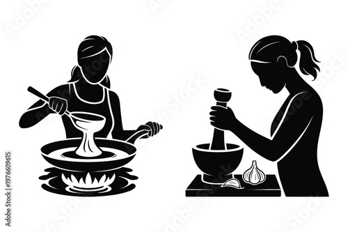 Women cooking food stirring ingredients in a pan preparing spices