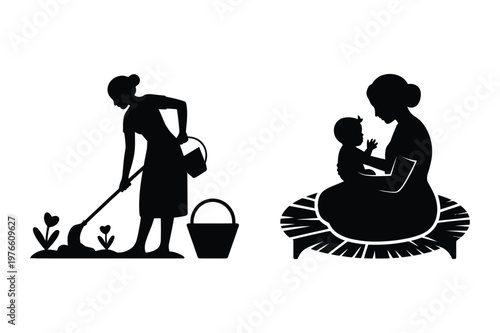 Women engaged in rural domestic life gardening and childcare with a baby