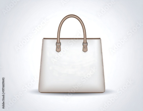 Elegant White Handbag with Golden Handles on a Light Background.