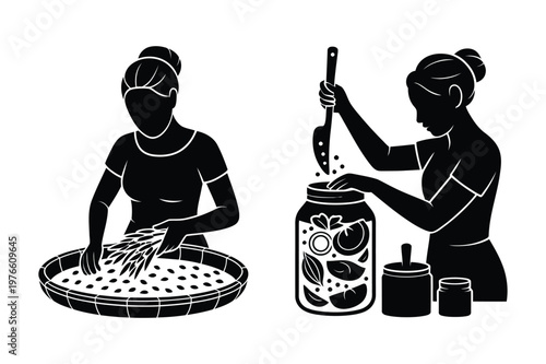 Women sorting grains in a flat basket and preserving food in a large glass jar