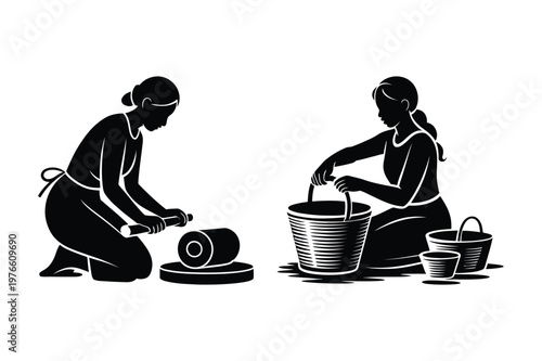 Two women performing traditional household chores of grinding and washing