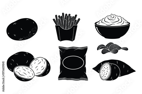 Assortment of potato products black silhouettes including fries chips whole