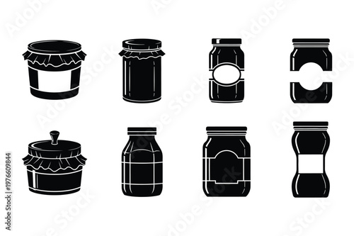 Collection of food jars and bottles black silhouettes with labels for preserves