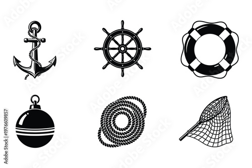 A collection of six black and white nautical and marine themed vector icons