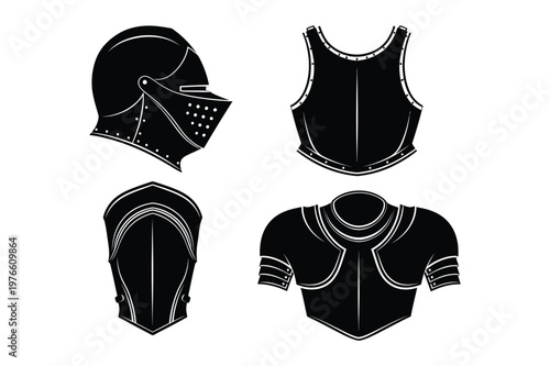 Medieval knight armor parts black silhouettes set including helmets and chest