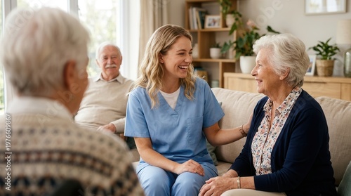 Senior patient receives warm companionship, in-home care, and professional nursing assistance from a dedicated home health caregiver.