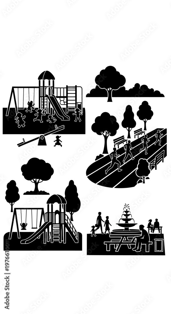 Obraz premium Playground Scenes Silhouettes: Swings, Slides, Benches, Fountain, Trees, Children Playing