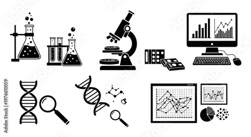 Science and Technology Icons: DNA, Microscope, Computer, Lab Equipment, Research