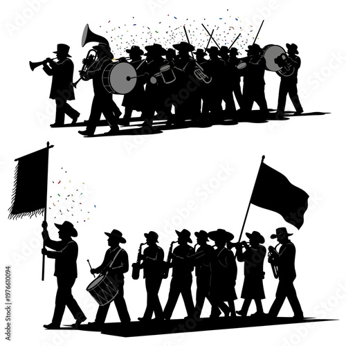 Silhouette marching band and parade with flags, historical reenactment