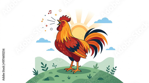 Colorful Rooster Crowing at Sunrise in the Meadow Vector Illustration