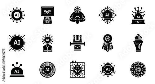 AI Icons Set: Artificial Intelligence, Machine Learning, Neural Network, Data Science, Technology Concepts