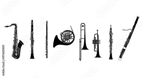 Collection of Black Silhouette Musical Instruments on White Background
