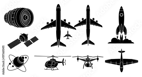 Collection of Aviation and Spacecraft Icons: Jet Engine, Satellite, Airplanes, Rocket, Helicopter, Drone, Space Capsule