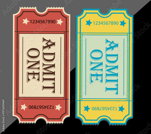 Vintage, retro, admit one tickets, event passes, vector illustrations, colorful stubs