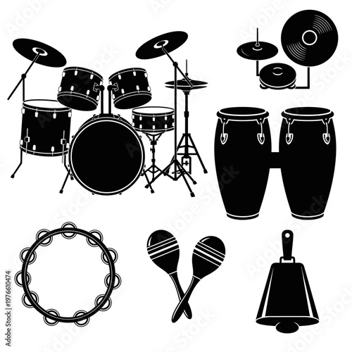 Collection of Percussion Instruments Silhouette: Drums, Congas, Tambourine, Maracas, Bell