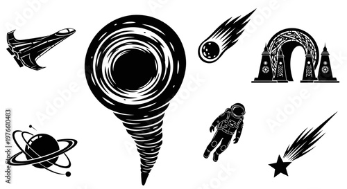 Cosmic Collage: Black Hole, Spaceship, Astronaut, Planets, Comets, Sci-Fi Gate