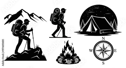 Hiking Adventure Silhouette: Mountains, Tent, Campfire, Compass, and Explorer