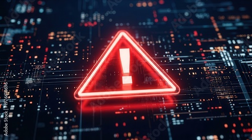 Digital matrix displaying a prominent red warning triangle, indicating critical fraud detection and intelligence alerts.