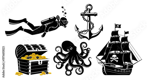 Pirate Treasure Chest, Ship, Diver, Octopus, and Anchor - Nautical Adventure Icons