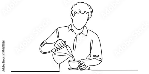 A single continuous line drawing of a person pouring a hot drink into a cup for morning routine