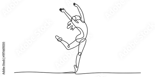 A minimalist continuous line drawing of a graceful female dancer performing a dynamic leap pose.