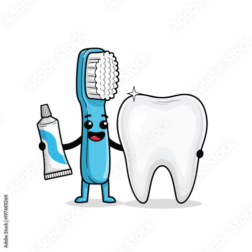 Flat 2D vector illustration of a smiling blue toothbrush mascot holding a tube of toothpaste and standing next to a large, shiny white molar tooth, isolated on white background.