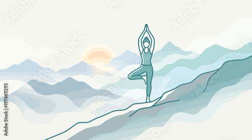 Woman Doing Yoga Tree Pose in Mountain Landscape