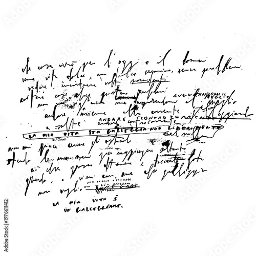 A grunge texture handwritte note with messy handwritten words and scribbles on a paper