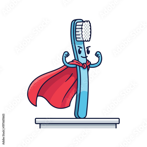 Flat 2D vector illustration of a light blue toothbrush superhero mascot wearing a red cape and flexing muscles, standing on a gray pedestal, ideal for pediatric dental hygiene education.