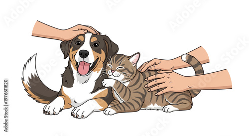 A happy scene for national pet day shows hands petting a smiling dog and contented cat in a vector illustration design, set against a clean white background, conveying a feeling