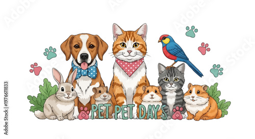 A festive vector illustration celebrates national pet day, featuring a dog, cat, bird, rabbit, hamster, and guinea pig, all adorned with accessories, set against a clean white background