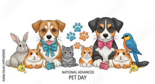 A colorful vector illustration celebrates National Pet Day with a group of animals, including dogs, cats, hamsters, a rabbit, and a bird, arranged against a clean white background