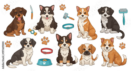 A colorful vector illustration celebrates National Pet Day with a collection of various dog breeds sitting among grooming tools and accessories, designed in a cheerful style against a clean