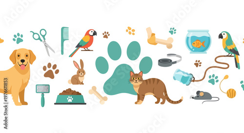 A colorful vector illustration celebrates national pet day with a playful business-themed design featuring a variety of animals and pet supplies arranged against a clean white background