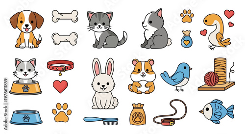 A playful animal-themed vector illustration celebrates National Pet Day with a cartoonish design featuring a dog, cat, rabbit, and bird alongside accessories like bones, collars, and toys