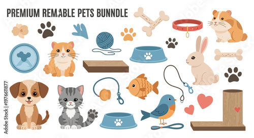 A colorful vector illustration for national pet day showcases a variety of animal icons and design elements like a dog, cat, rabbit, and bird, arranged against a clean white background