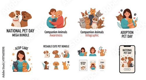 A cheerful vector illustration celebrates National Pet Day with a diverse bundle of animal designs, showcasing human-animal bonds and pet adoption awareness in a bright, playful composition