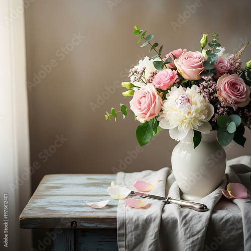 Floral arrangement with roses and peony, elegant still life photography
