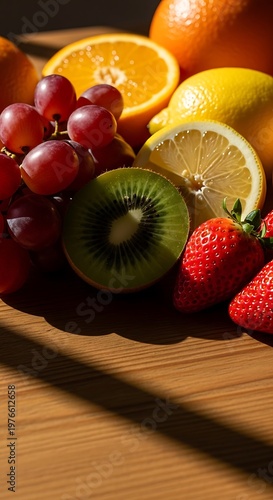 Fresh fruit composition arranged on wooden surface with natural lighting