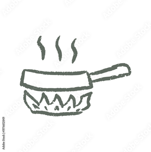frying pan on stove, hand drawn doodle cooking process, hot gas burner, kitchenware, recipe preparation or restaurant icon element