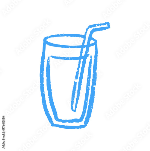 glass of juice straw, hand drawn, crayon wax, doodle refreshment, cold beverage, healthy drink or cafe icon, rough texture doodle element