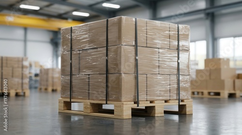 Secure carton load, carefully wrapped on a wooden pallet, highlights load stability and protection within a modern warehouse environment.