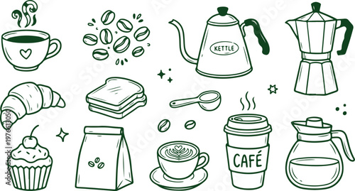 Coffee Delights: An array of delightful coffee-related items arranged, from steaming cups to delicious pastries and equipment.