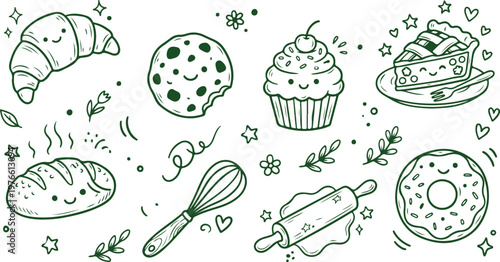 Cute Bakery Delights: An adorable illustration of assorted baked goods and baking tools, crafted with playful line art, evoke warmth and the joy of home baking.