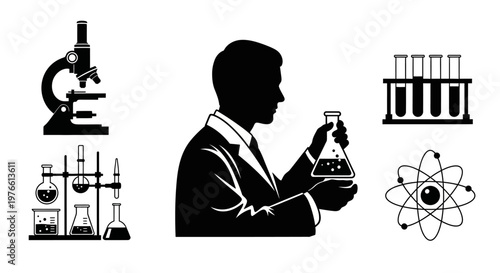 Scientist Conducting Experiment with Laboratory Equipment and Atom Symbol