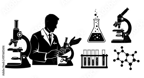 Scientist with Microscopes and Chemistry Equipment Silhouette