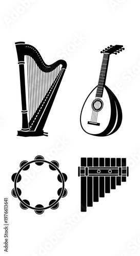 Set of Musical Instruments Icons: Harp, Mandolin, Tambourine, Pan Flute