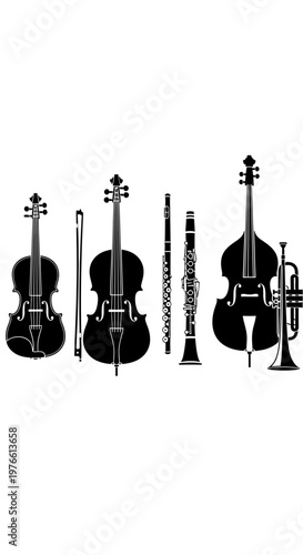 Silhouette Orchestra Instruments: Violin, Cello, Double Bass, Clarinet, Trumpet