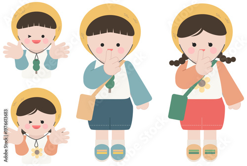 숲 속에서 숲 체험 복장을 하고 조용히 쉿 비밀 제스처중인 어린이들